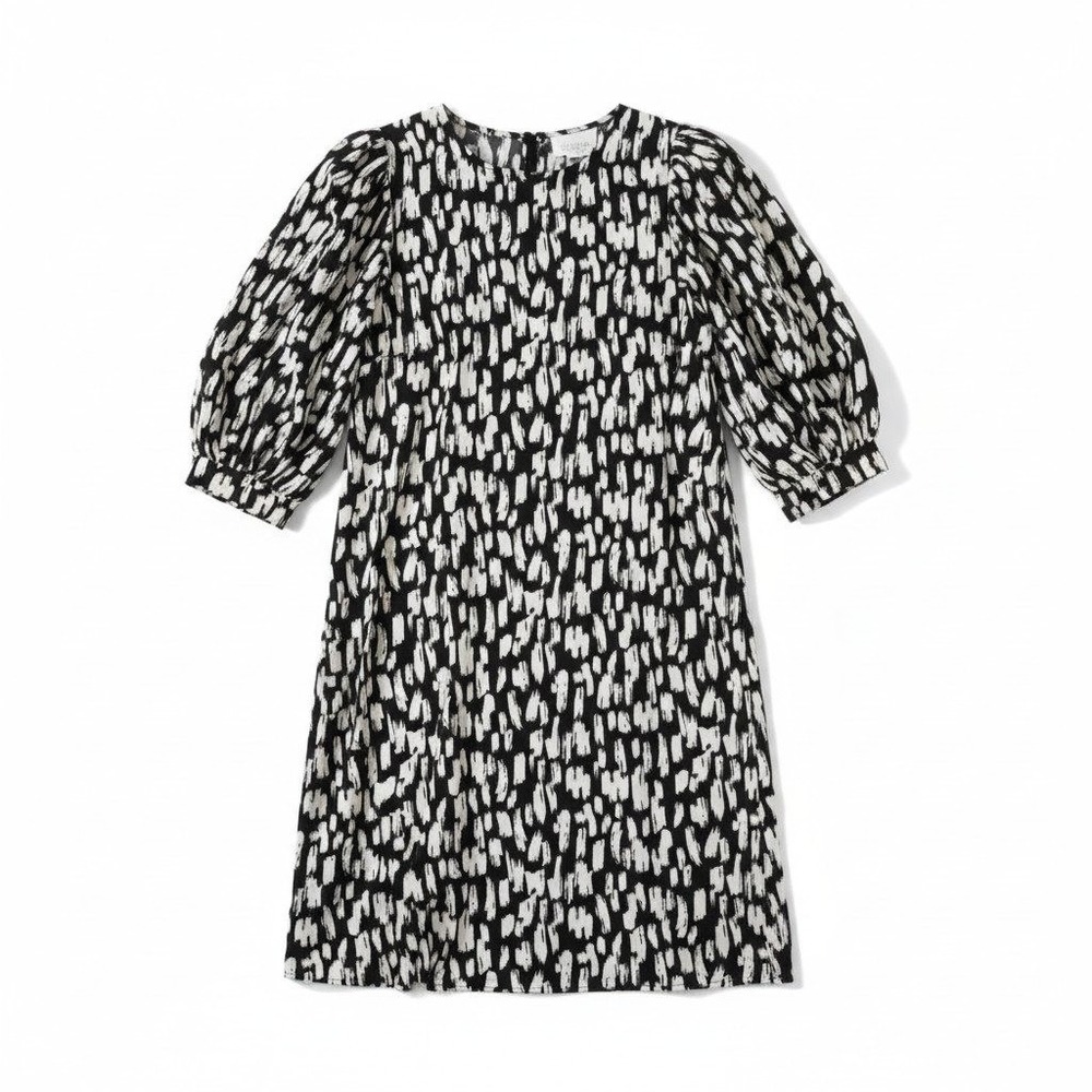 Sisters‎ Point Black White Abstract Brushstroke Puff Sleeve Mini Shift Dress S